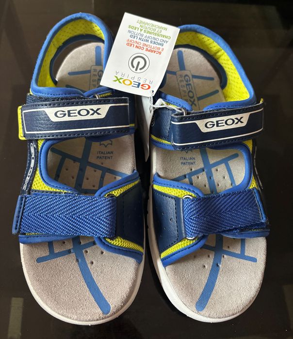GEOX sandały J SANDAL FLEXYPER BO NAVY/LIME  skórzane LED, świecące