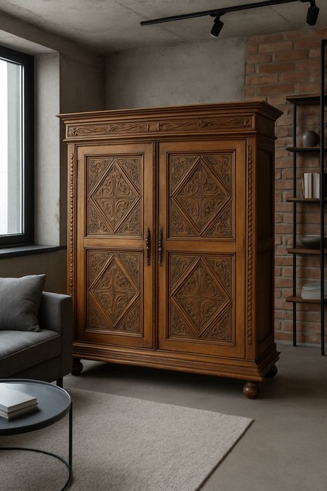 Шкаф кабинет, антиквариат, резьба по дубу, Франция/ Бельгия