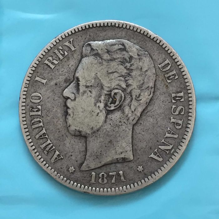 Espanha 5 Pesetas 1871(71) SD-M AMADEO I - prata