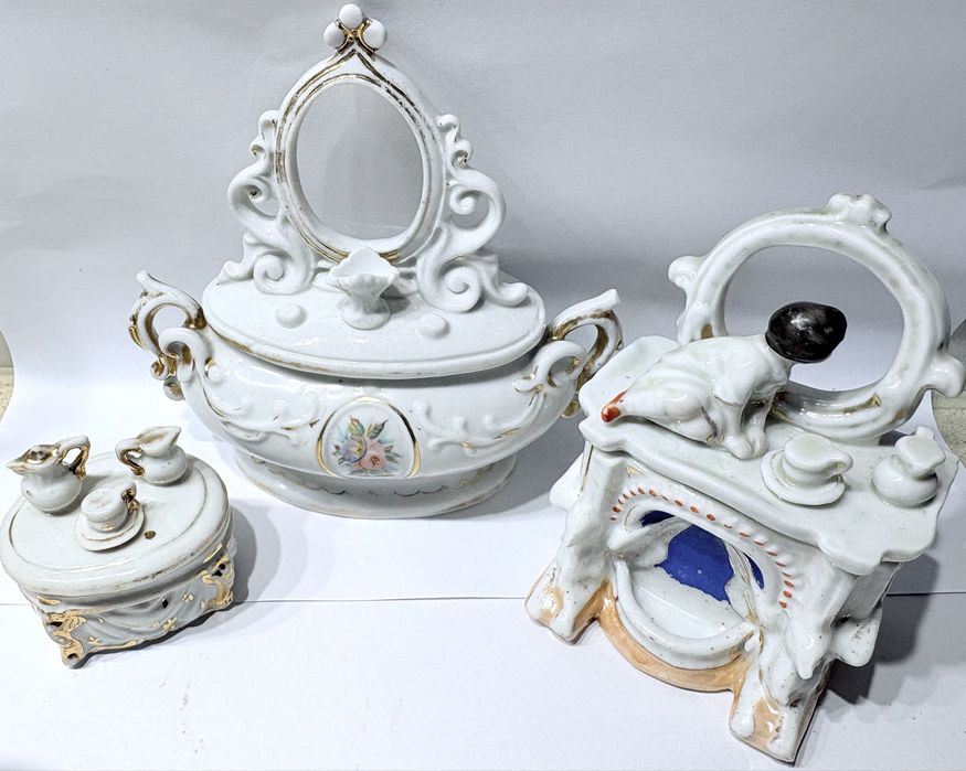 Conjunto de 3 amorosas antigas caixas em porcelana alemã Fairing 1900