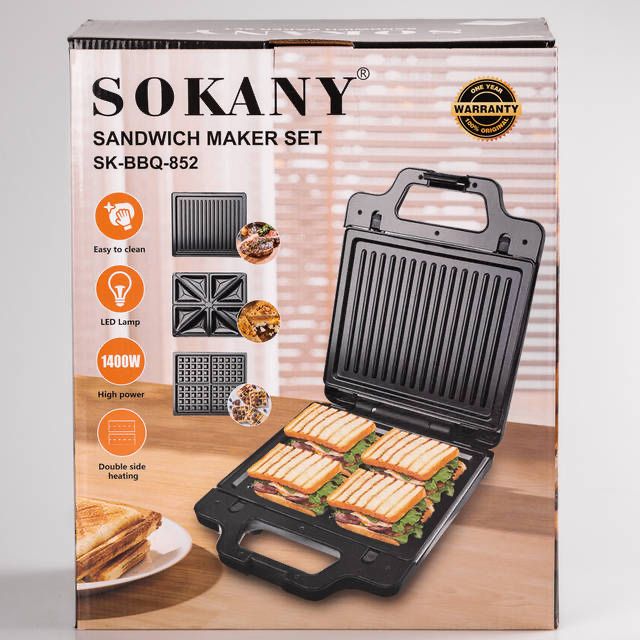Мультимейкер Sokany SK-BBQ-852 3в1 зі змінними панелями 1400 Вт