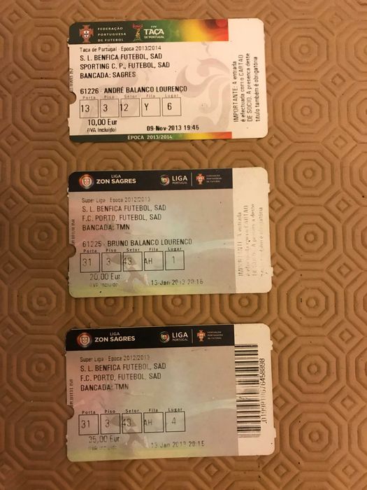 BENFICA - Bilhetes antigos futebol