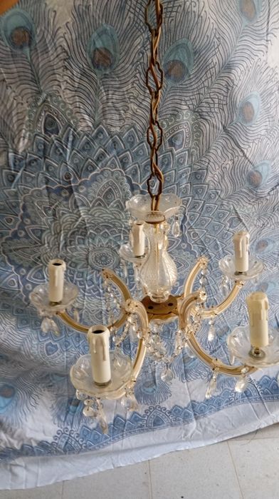 Lustre / Candeeiro de Teto Vintage 5 Braços em Vidro e Metal c/ Pendentes