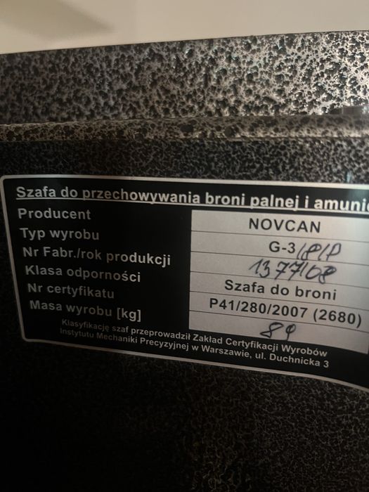 Szafa pancerna na broń Novcan G-3/8/P