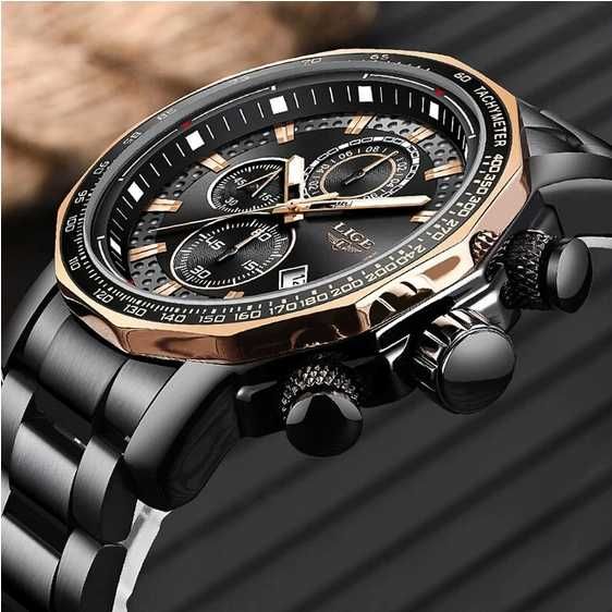 Relógio Luxo Masculino LIGE bracelete metal preto (Novo)