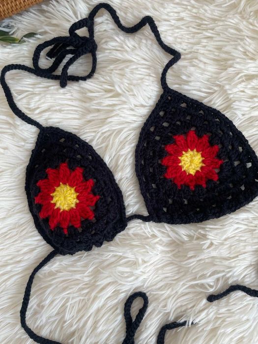 Bikini crop top góra od stroju kąpielowego kwiat szydełko boho S 36 M