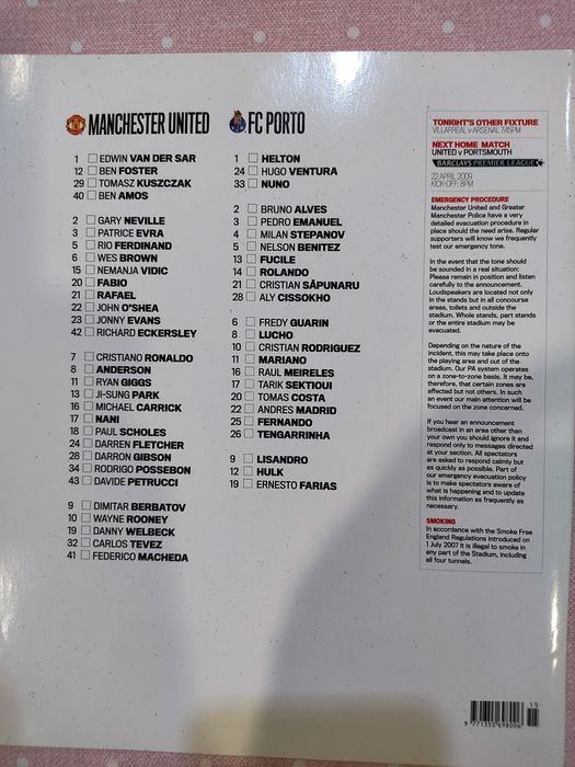 Programa de jogo Manchester United FC Porto Champions league 2008/09