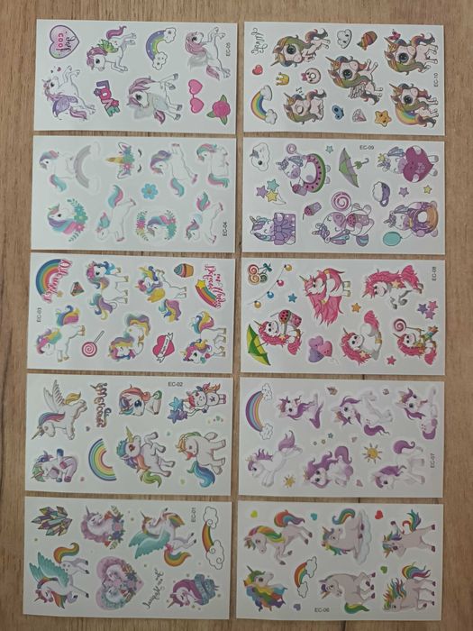 10 arkuszy tatuaży! Śliczne tatuaże TĘCZOWE JEDNOROŻCE