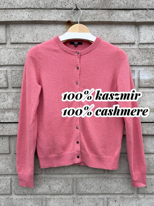 Pudrowy różowy, kaszmirowy, rozpinany sweter kardigan Uniqlo rozmiar S