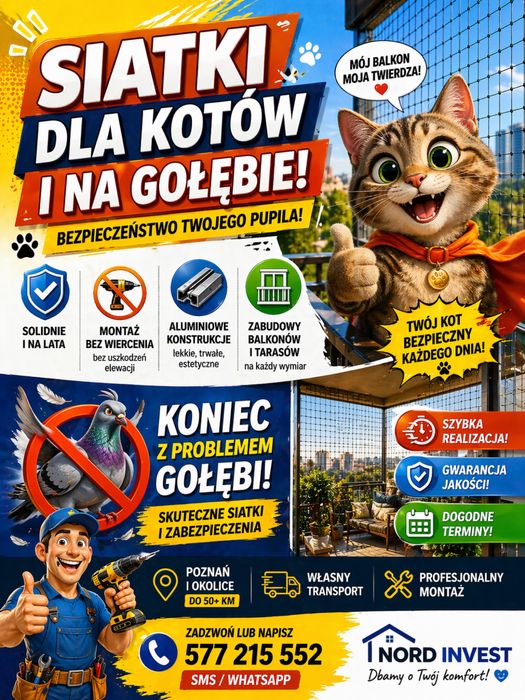 Zabezpieczenie balkonu dla kota/przeciw gołębiom Poznan i okolice