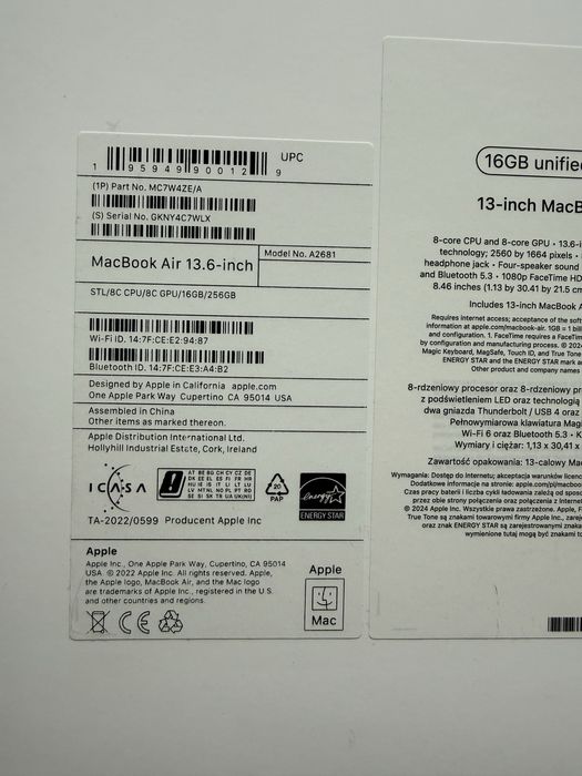 MacBook Air M2 13,6” 16GB / 256GB Gwarancja do 09.2026, Bateria 100%