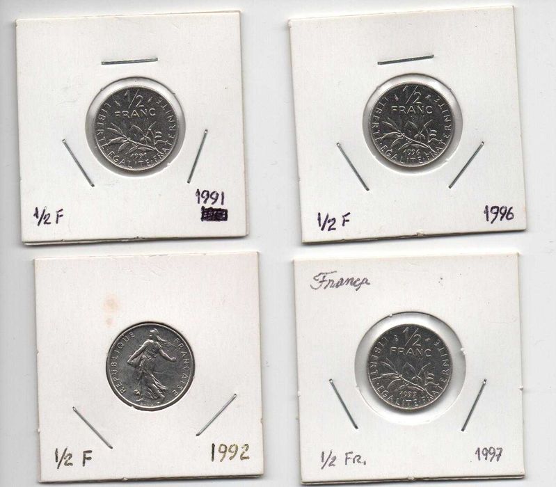 1/2 Franc Coins from 1991, 1992, 1993, 1995, 1996, 1997, and 2000