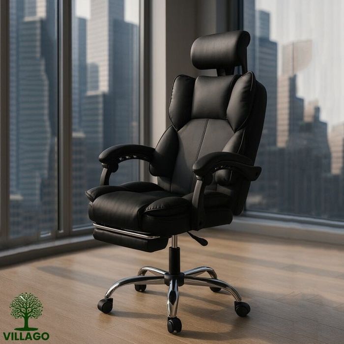 Komfortowy SKÓRZANY fotel biurowy z podnóżkiem regulowany • 2 wersje!