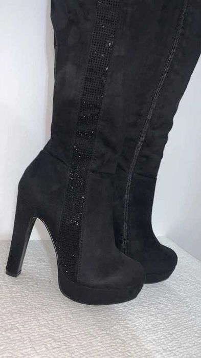 sexy czarne kozaki platforma diamenciki cyrkonie 38