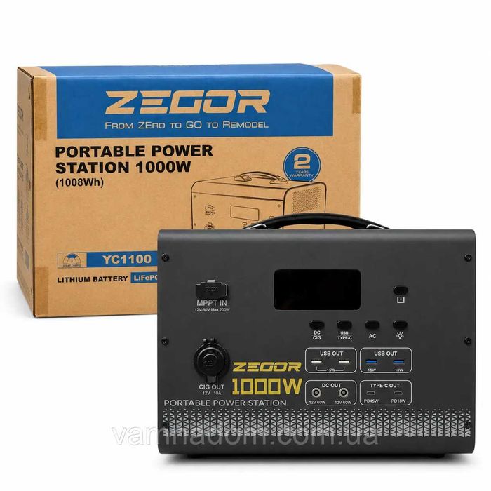 Инверторная аккумуляторная зарядная станция Zegor YC1100 (1000 Вт, Пиковая мощность 2400 Вт, Чистая синусоида) для холодильника, ноутбука и всего дома