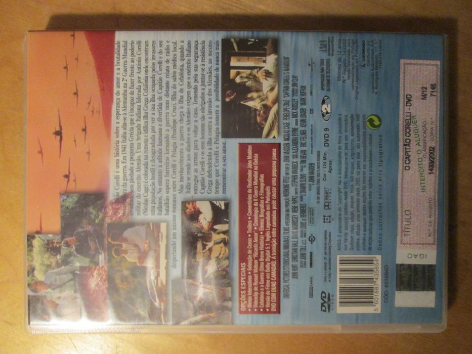 DVD O Capitão Corelli, Nicolas Cage, Penélope Cruz, John Hurt