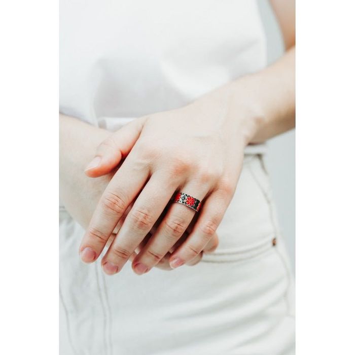 Срібні родовані набори сережки+каблучка «Вишиванка»