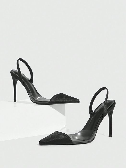Szpilki damskie czarne slingback transparentne szpiczasty nosek SHEIN