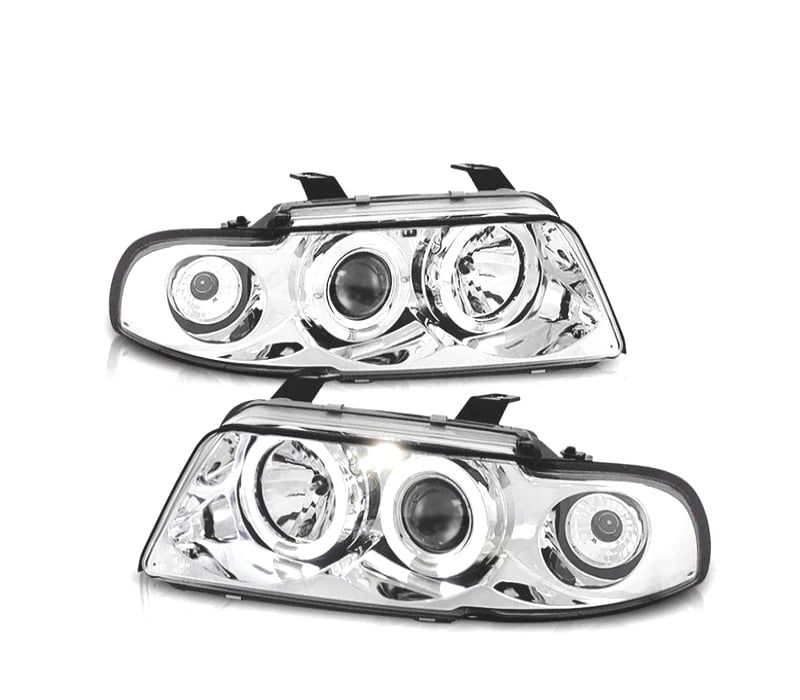FARÓIS FRNTAL ANGEL EYES PARA AUDI A4 B5 94-99 FUNDO CROMADO