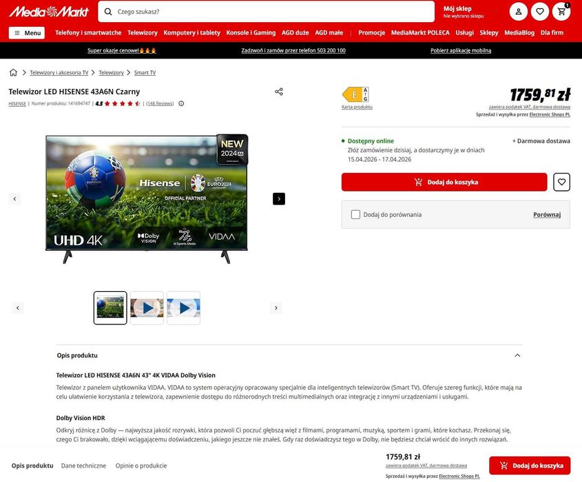 TV gwarancja 31.03.2027 LED 4K HISENSE 43A6N 43" 4K VIDAA Dolby Vision