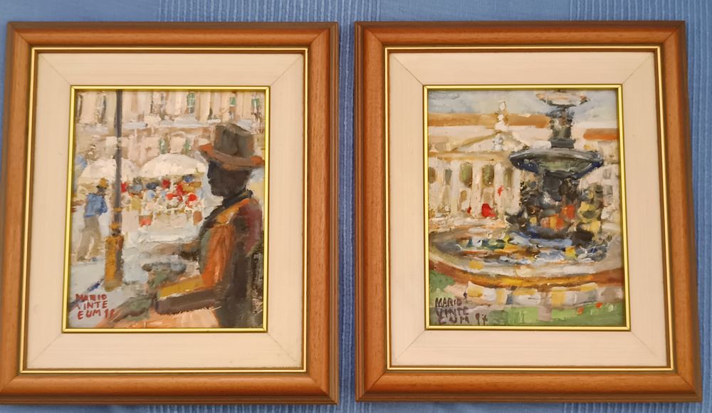 "Chiado" e  "Rossio"  Dois quadros a óleo de Mário Vinte e Um