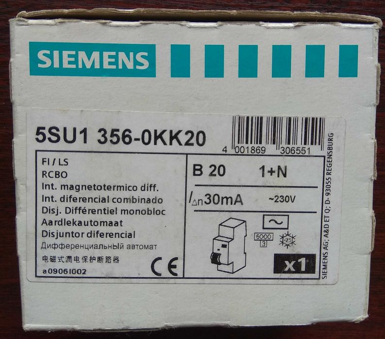 Диференційний автомат Siemens 2p, B20A, 6 кА, 30MA 5SU1356-0KK20