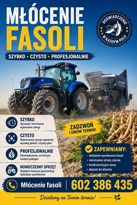 Zbiór/Młócenie fasoli Master 4, siew rzepaku.