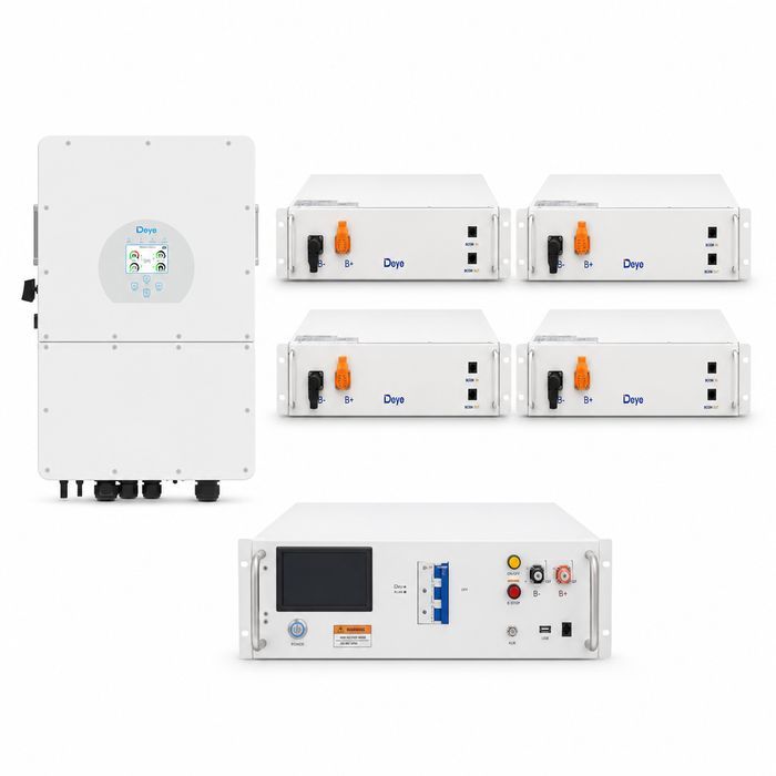 Zestaw hybrydowy - falownik DEYE SG01HP3 12 kW 3-fazowy HV on/off-grid + magazyn energii 4 x DEYE BOS-G PRO 5,12 kWh LiFePO4 + PDU2 (20,48 kWh)