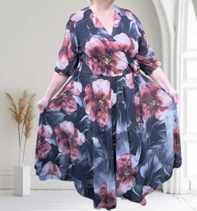 Nowa sukienka długa czarna w brązowe kwiaty xl-3xl