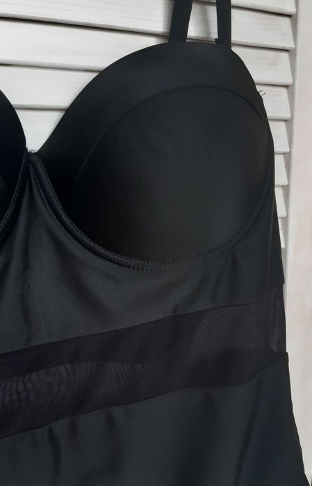 Стильный батал черный купальник сдельный, цельный с пуш ап shein