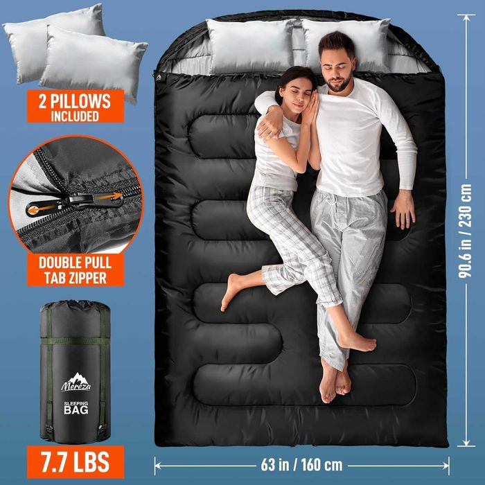 Saco de dormir duplo para adultos com travesseiro, tamanho XL Queen, ideal para camping, trilhas e mochilão em todas as estações.