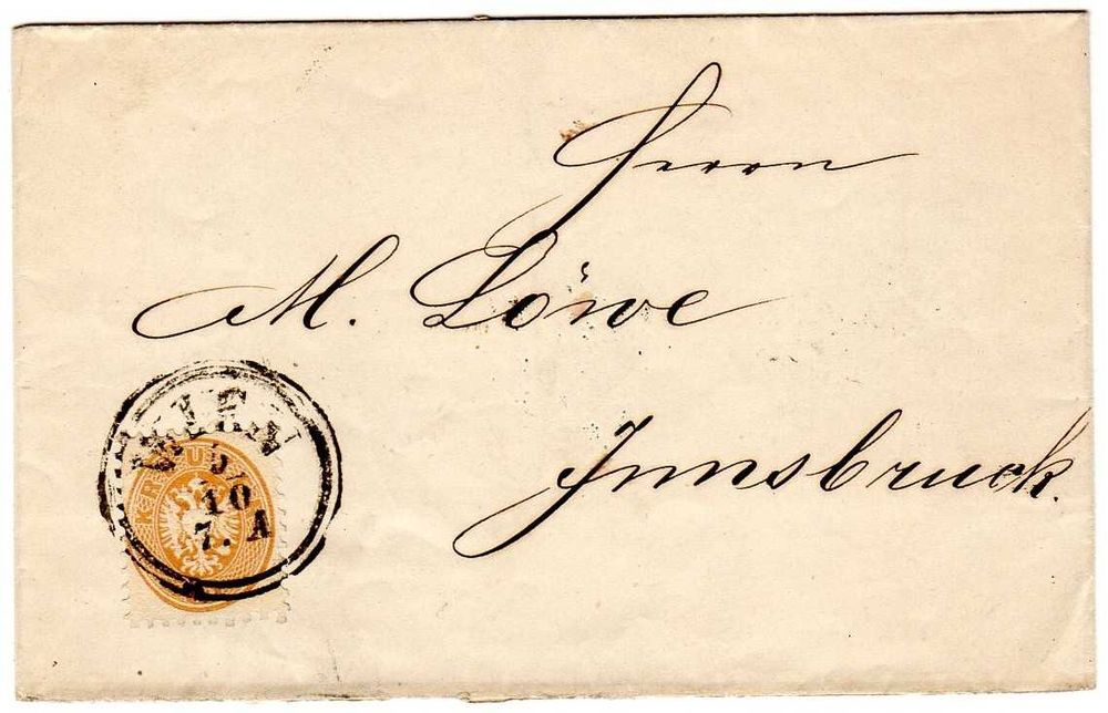 RARA Carta de 1865 com Selo Postal da Áustria de 15 Kreuzer