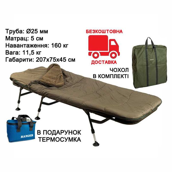 Раскладушка кровать Ranger BED 88 Sleep System RA-5523 со спальником в палатку для кемпинга на 6 ножках до 160 кг