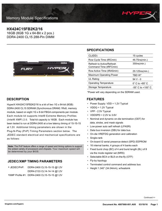 Оперативна памʼять HyperX 16 GB DDR4-2400 MHz Fury Black