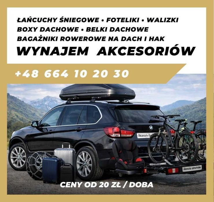 Wynajem Boksy i Belki Dachowe, Foteliki, Bagażniki Rowerowe, Łańcuchy.
