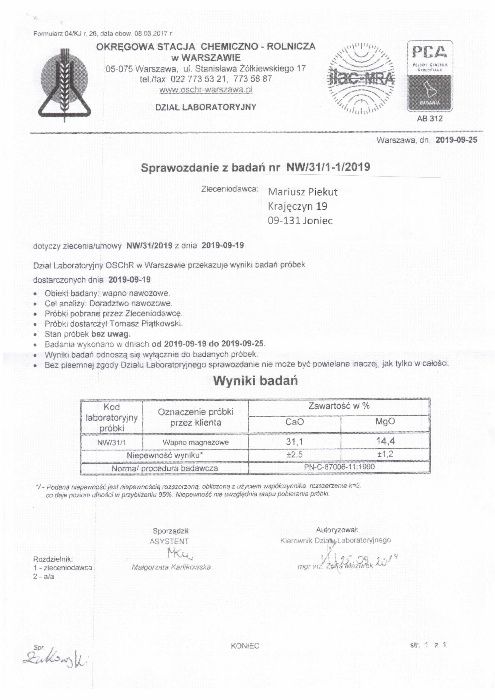 Wapno nawozowe  ATEST