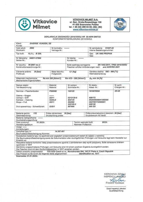 Балон побутовий (пропан-бутан) 12.3 л, , з вентилем, Milmet