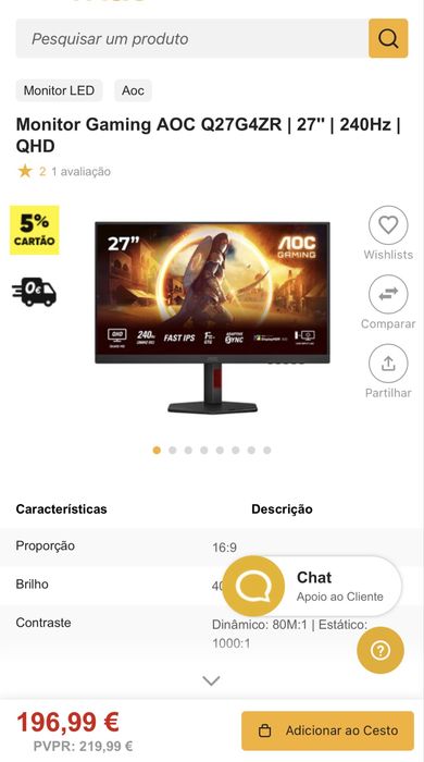 monitor aoc  Q27G4ZR  27 “ QHD polegadas 260hz