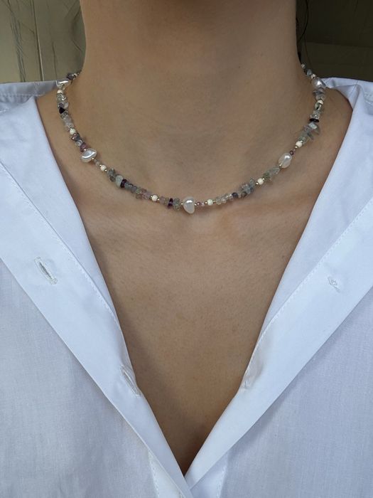 Naszyjnik handmade z fluorytem, jaspisem i perłą syntetyczną