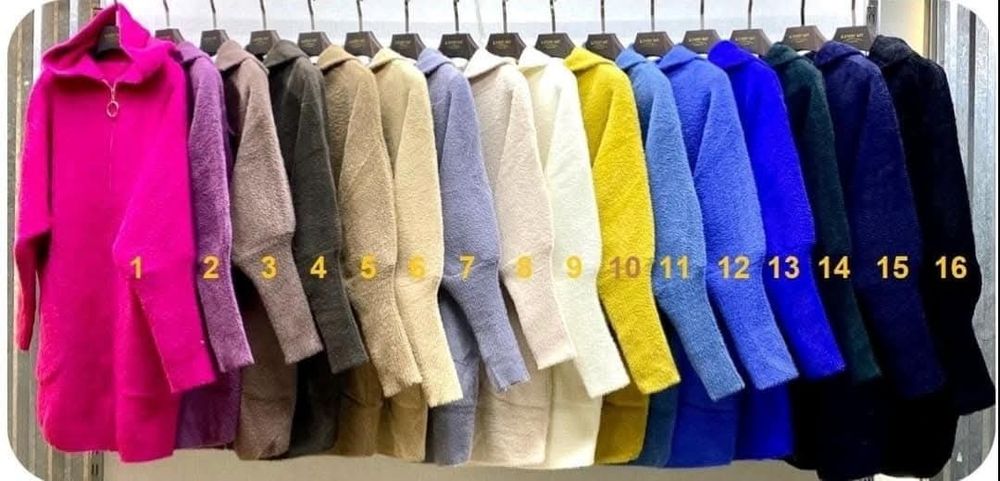 Płaszcz alpaka błękit turkus musztarda czarny biały suwak kaptur