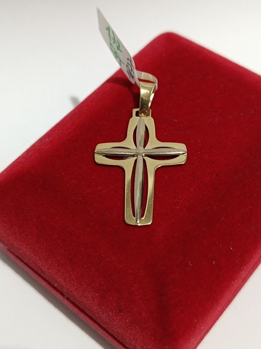 Złoty wisiorek krzyżyk promienisty, podwójny, złoto próby 585