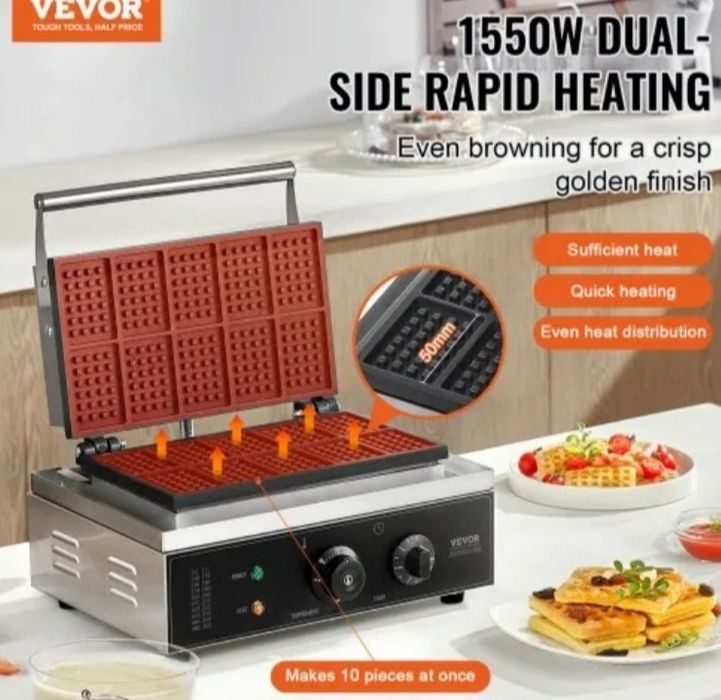 Máquina de Waffles Comercial VEVOR, 10 Unidades, Retangular, 1550W