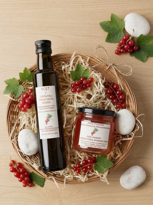 zestaw z czerwonej porzeczki – ZIOŁOMIÓD 250g + ŻYWY OCET NA MIODZIE 250ml
