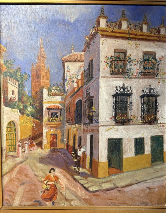 Linda antiga pintura paisagem de Sevilha em óleo sobre madeira de 1951