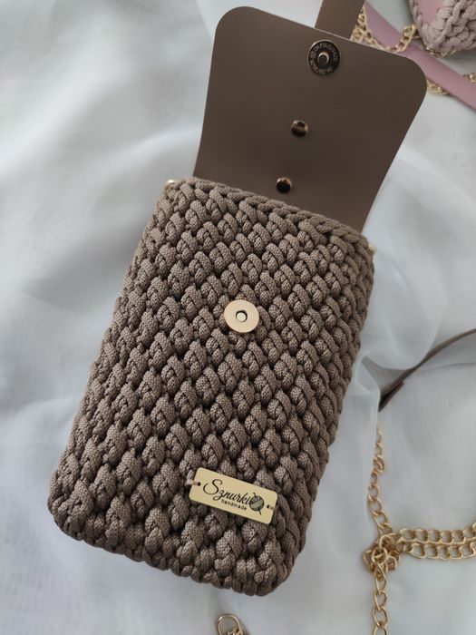Torebka etui phone bag skóra naturalna szydełkowana