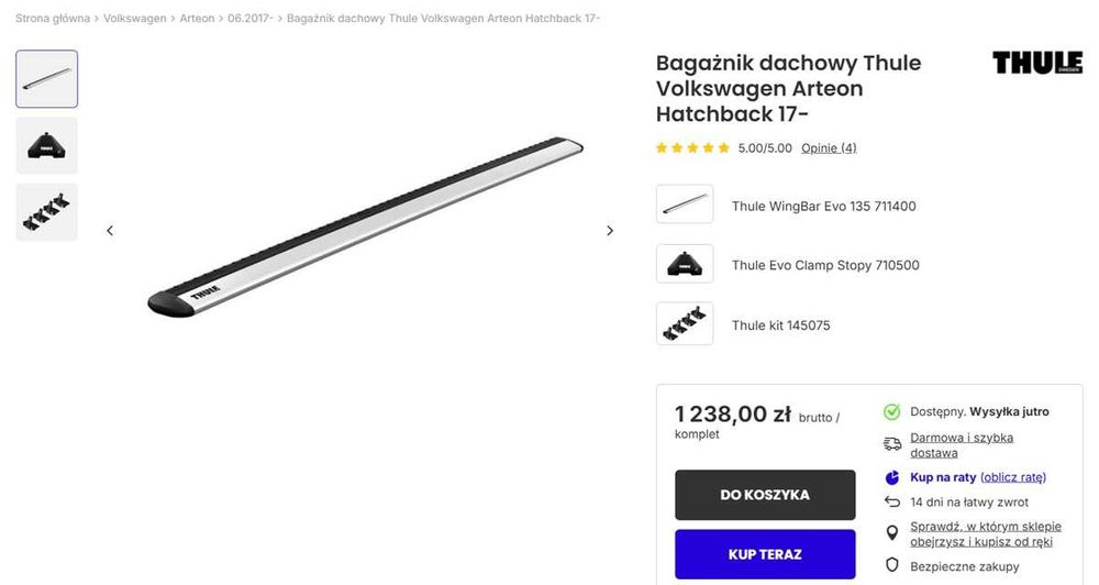 THULE - bagażnik dachowy Volkswagen Arteon Hatchback 17-, 1 komplet