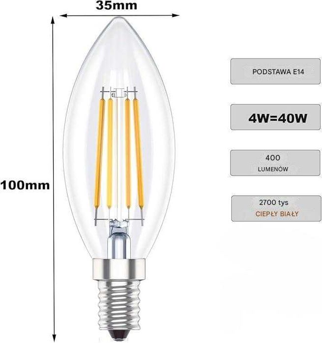 6x Żarówka LED E14 4W = 40W 400lm 2700K Ciepła 300° Filament Huoqilin