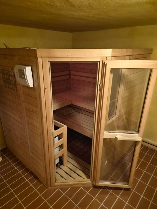 Sauna FIŃSKA SUCHA drewniana z drewna na taras ogród pod zadaszenie z desek PIEC 7,5kW 4 5 6 osobowa ławki zagłówki drzwi szklane sauny DUŻA akcesoria