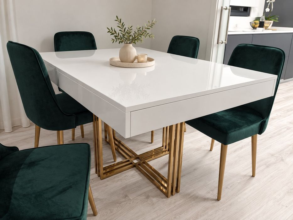 Mesa Jantar Extensível Branco Brilho e Inox Dourado