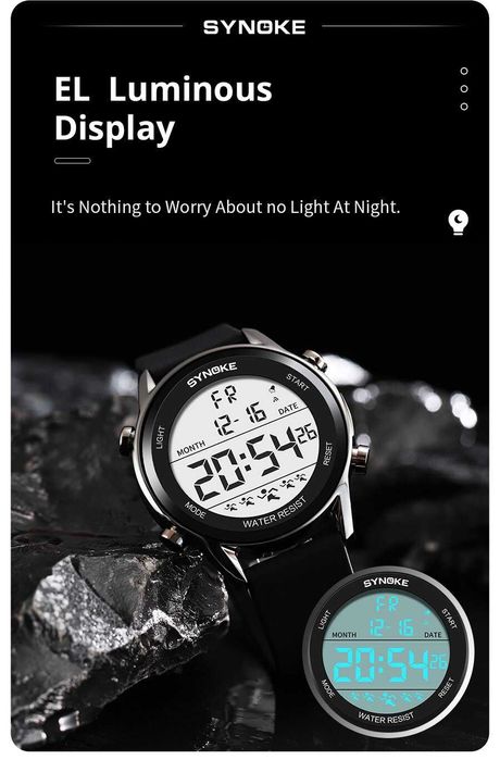 Synoke cyfrowy zegarek elektroniczny sportowy wodoszczelny WR50 stoper